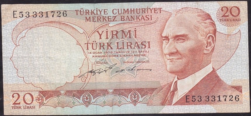 6.Emisyon 2.Tertip 20 Lira E53 331726 Çok Temiz +