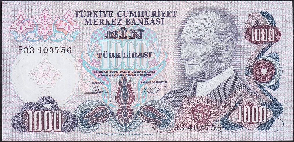6.Emisyon 3.Tertip 1000 Lira F33 403756 Çilaltı