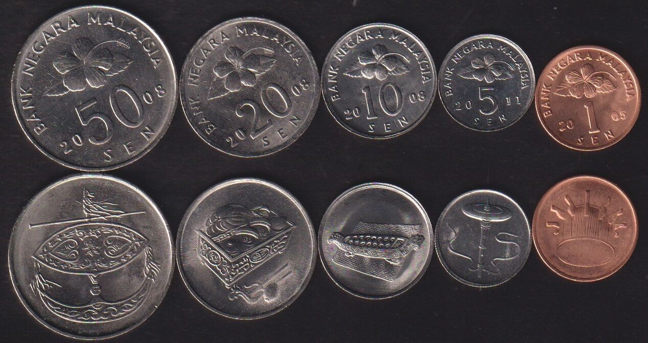 Malezya 5 Parça Madeni Set Çil , 1 5 10 20 50 Sen 2005 2011