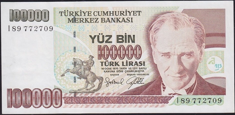 7.Emisyon 3.Tertip 100000 Lira I89 772709 Çok Temiz+