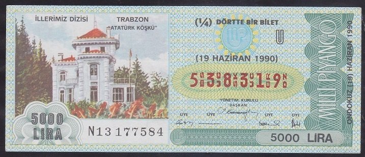 1990 19 HAZİRAN ÇEYREK BİLET U SERİSİ