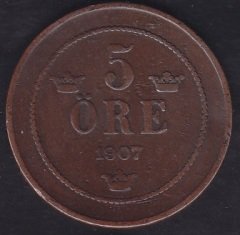 İsveç 5 Öre 1907 Haliyle ( Eğrilik Var )