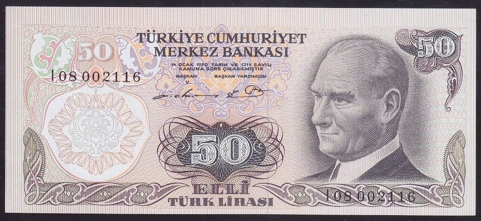 6.EMİSYON 1.TERTİP 50 LİRA I08 002116 ÇİL ( HAFİF KAYIK BASKI )