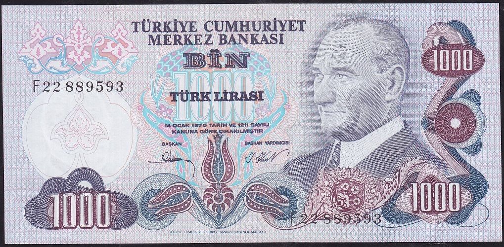 6.Emisyon 3.Tertip 1000 Lira F22 889593 Çilaltı