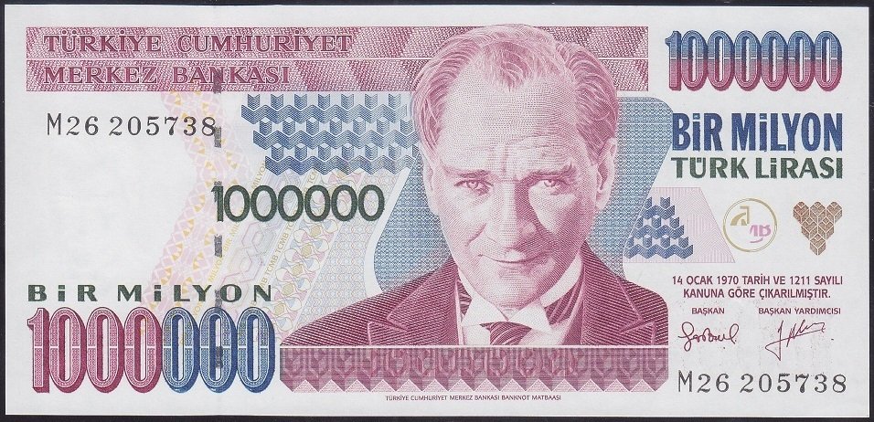 7.Emisyon 2.Tertip 1 000 000 Lira M26 205738 Çilaltı Çil Bandrol baskı izi var