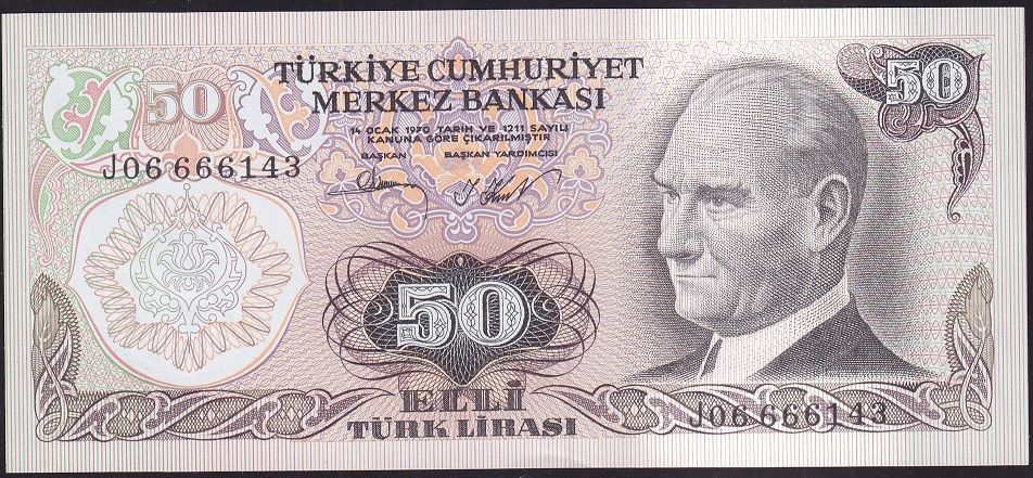 6.Emisyon 2.Tertip 50 Lira J06 666143 Çil