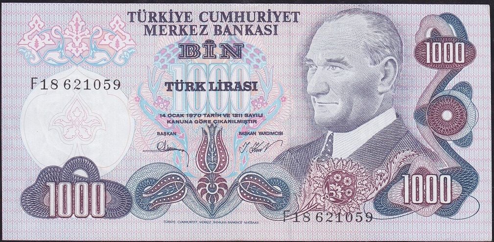 6.Emisyon 3.Tertip 1000 Lira F18 621059 Çilaltı