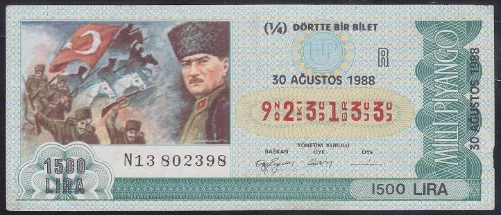 1988 30 AĞUSTOS ÇEYREK BİLET R SERİSİ