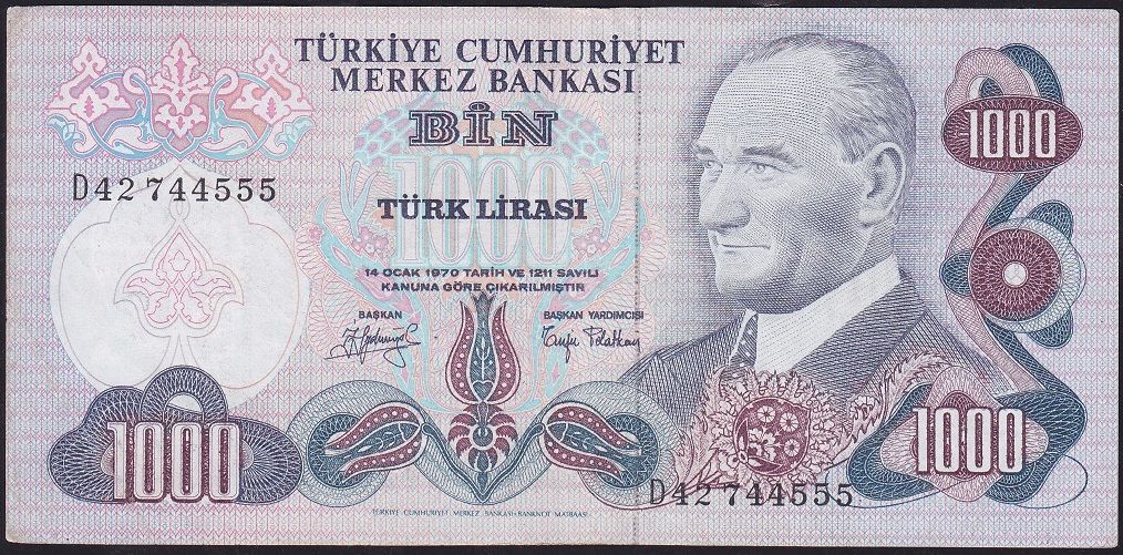 6.Emisyon 2.Tertip 1000 Lira D42 744555 Çok Temiz+