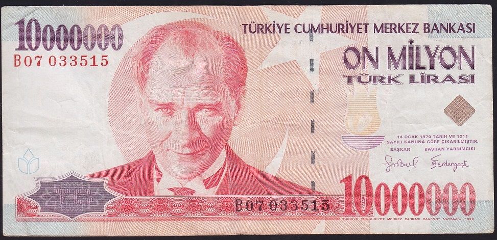7.Emisyon 10 000 000 Lira B07 033515 Çok Temiz