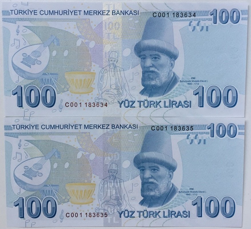 9.EMİSYON 100 LİRA 2.TERTİP C001 183634-635 SERİ TAKİPLİ 2 ADET ÇİL