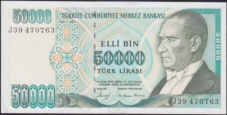 7.Emisyon 1.Tertip 50000 Lira J39 470763 Çil