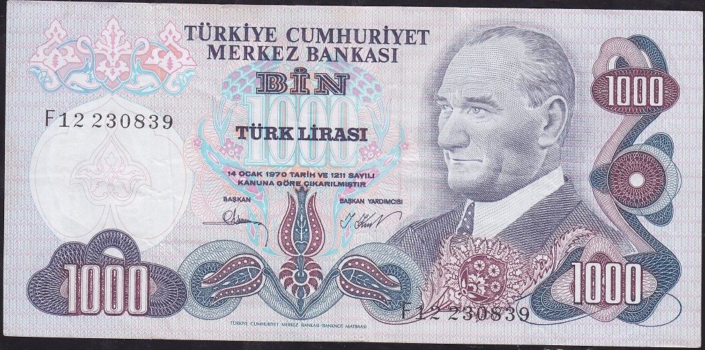 6.Emisyon 3.Tertip 1000 Lira F12 230839 Çok Temiz+