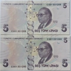 9.EMİSYON 5 LİRA 3.TERTİP C001 031289-290 SERİ TAKİPLİ 2 ADET ÇİL