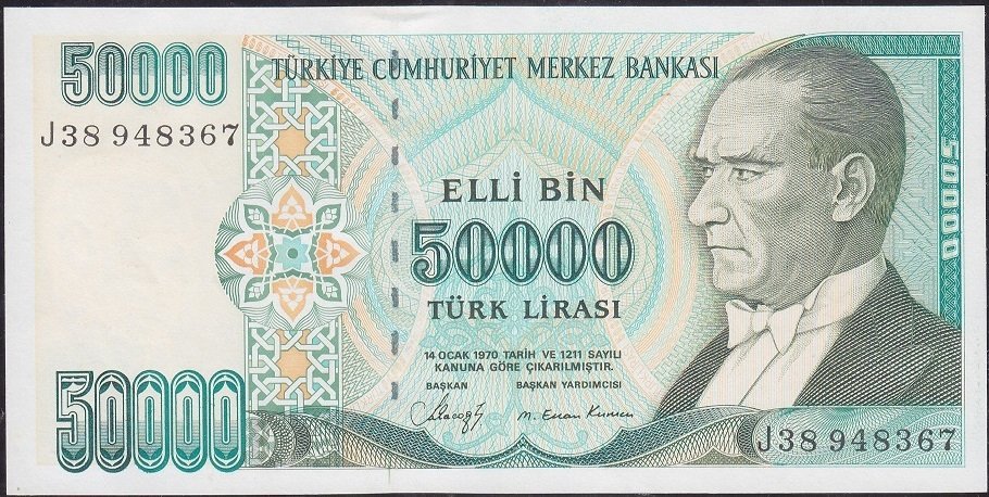 7.Emisyon 1.Tertip 50000 Lira J38 948367 Çilaltı ( Bandrol izi var )