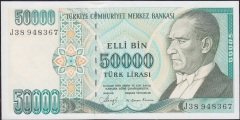 7.Emisyon 1.Tertip 50000 Lira J38 948367 Çilaltı ( Bandrol izi var )