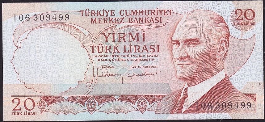 6.Emisyon 4.Tertip 20 Lira I06 309499 Çil