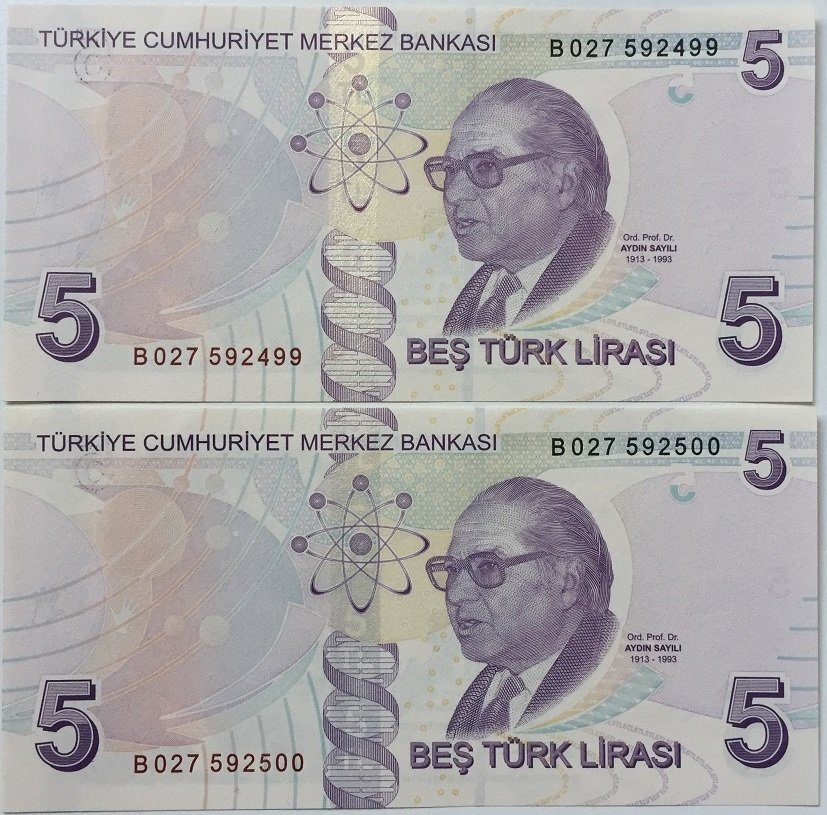 9.EMİSYON 5 LİRA 2.TERTİP B027 592499-500 SERİ TAKİPLİ 2 ADET ÇİL