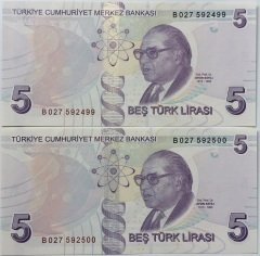 9.EMİSYON 5 LİRA 2.TERTİP B027 592499-500 SERİ TAKİPLİ 2 ADET ÇİL