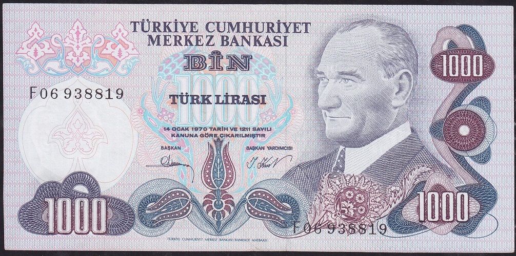 6.Emisyon 3.Tertip 1000 Lira F06 938819 Çok Çok Temiz+