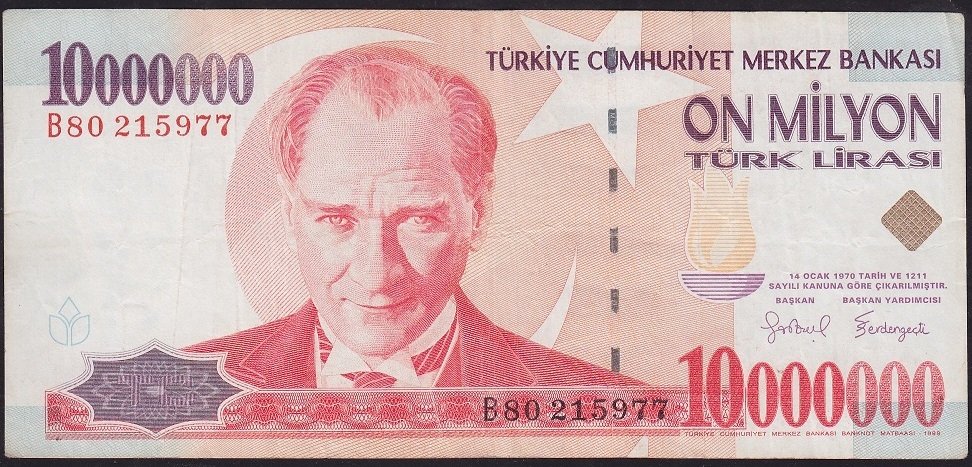 7.Emisyon 10 000 000 Lira B80 215977 Çok Temiz