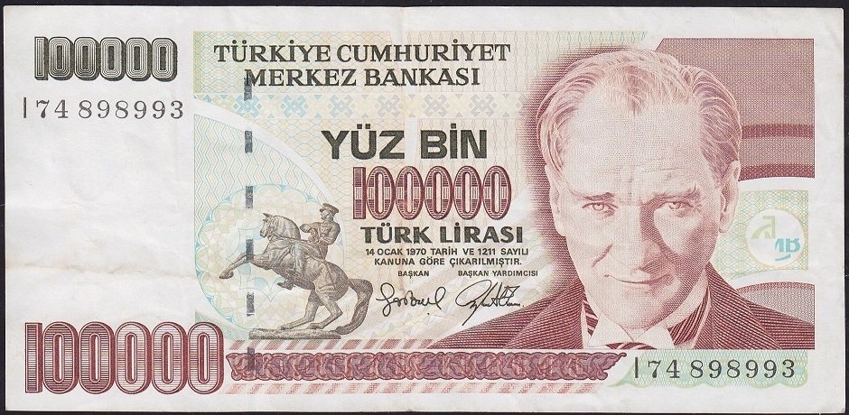 7.Emisyon 3.Tertip 100000 Lira I74 898993 Çok Temiz+