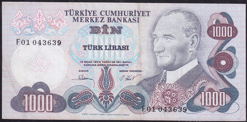 6.Emisyon 3.Tertip 1000 Lira F01 043639 Çok Temiz