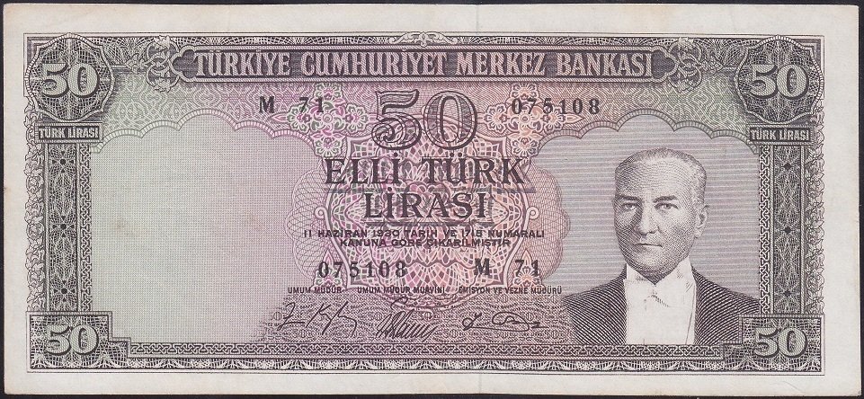 5.EMİSYON 6.TERTİP 50 LİRA M71 075108 ÇOK TEMİZ