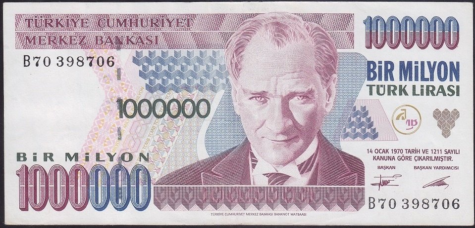 7.Emisyon 1.Tertip 1 000 000 Lira B70 398706 Çok Temiz +