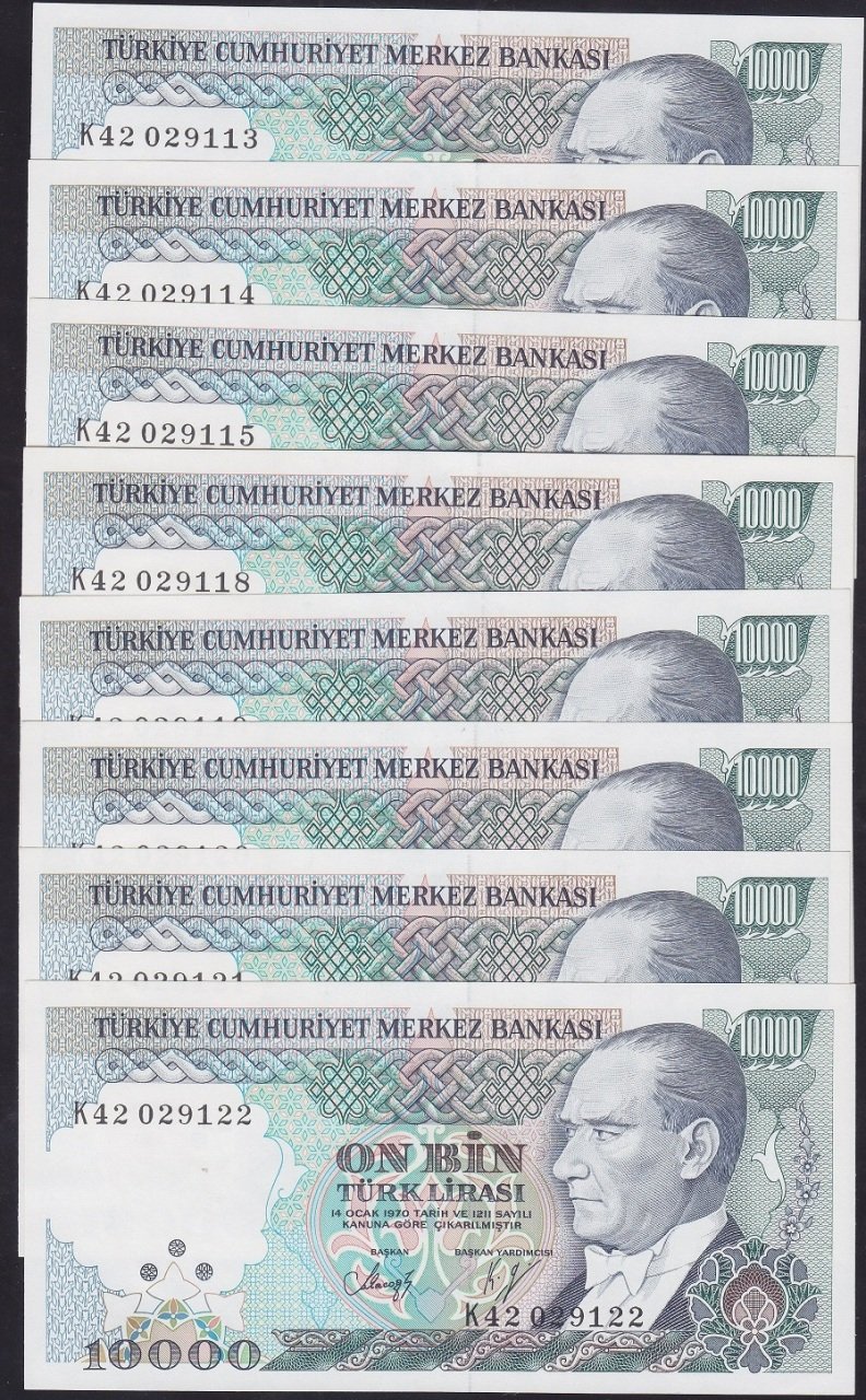 7.EMİSYON 4.TERTİP 10000 LİRA K42 029113-122 (SERİ TAKİPLİ 10 ADET) ÇİL