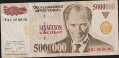 7.Emisyon 5 000 000 Lira K32 368636 Temiz+