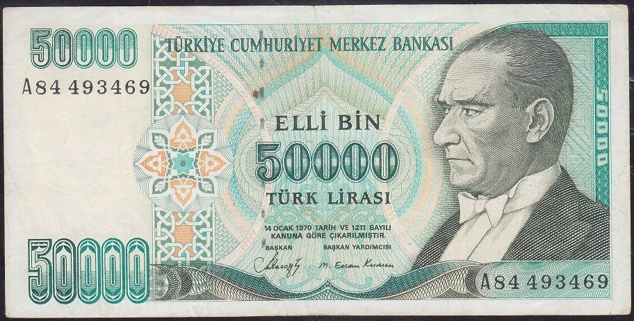 7.Emisyon 1.Tertip 50000 Lira A84 493469 Çok Temiz+