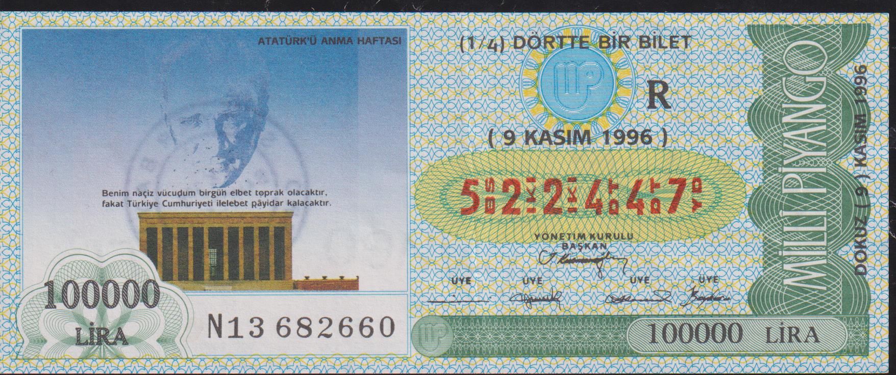 1996 9 Kasım Çeyrek Bilet - R Serisi