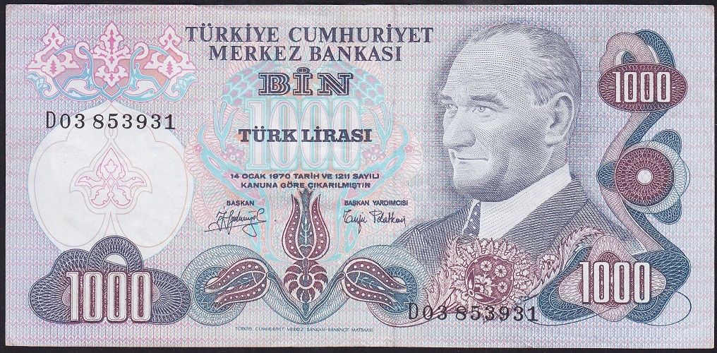 6.Emisyon 2.Tertip 1000 Lira D03 853931 Çok Temiz+