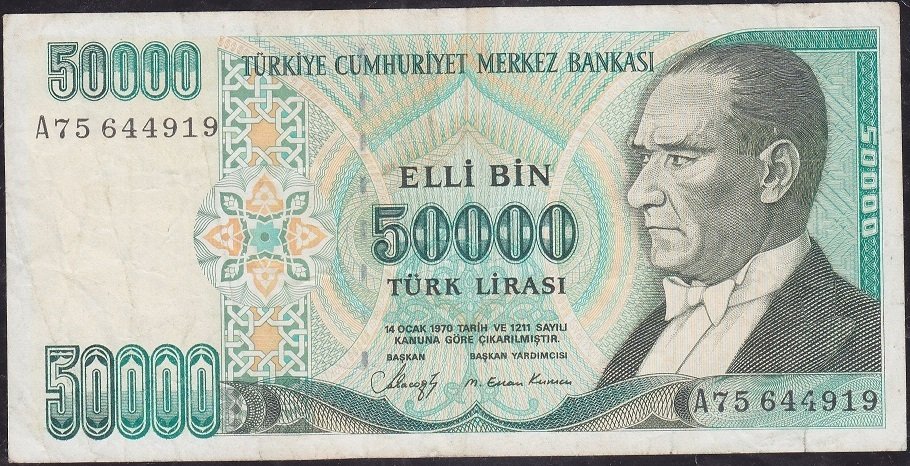 7.Emisyon 1.Tertip 50000 Lira A75 644919 Çok Temiz+
