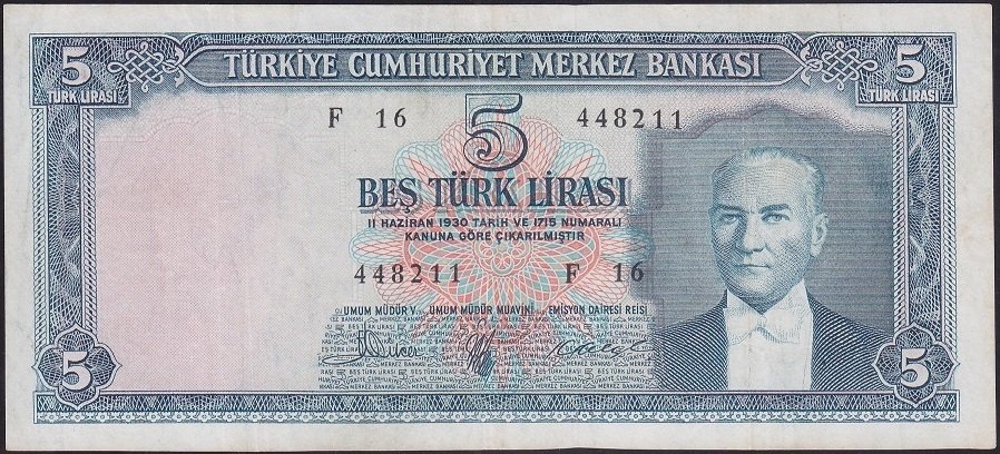 5.Emisyon 3.Tertip 5 Lira F16 448211 Çok Temiz Düzeltme Var