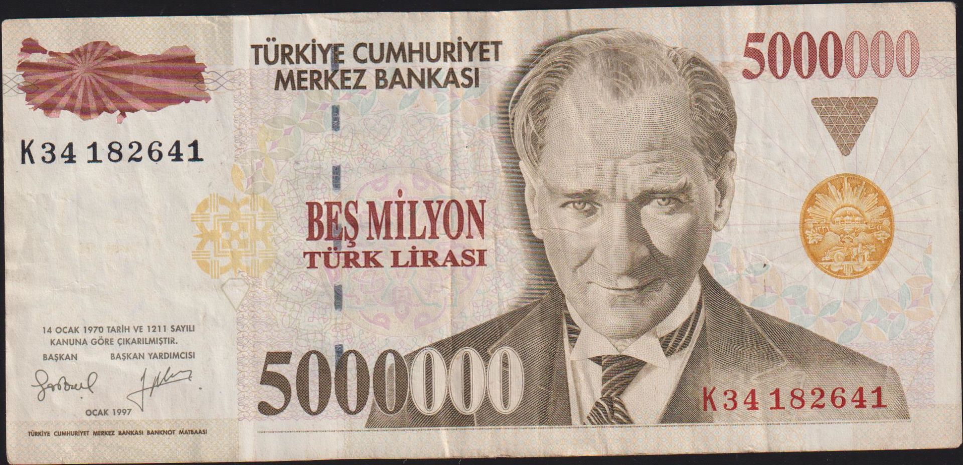 7.Emisyon 5 000 000 Lira K34 182641 Çok Temiz
