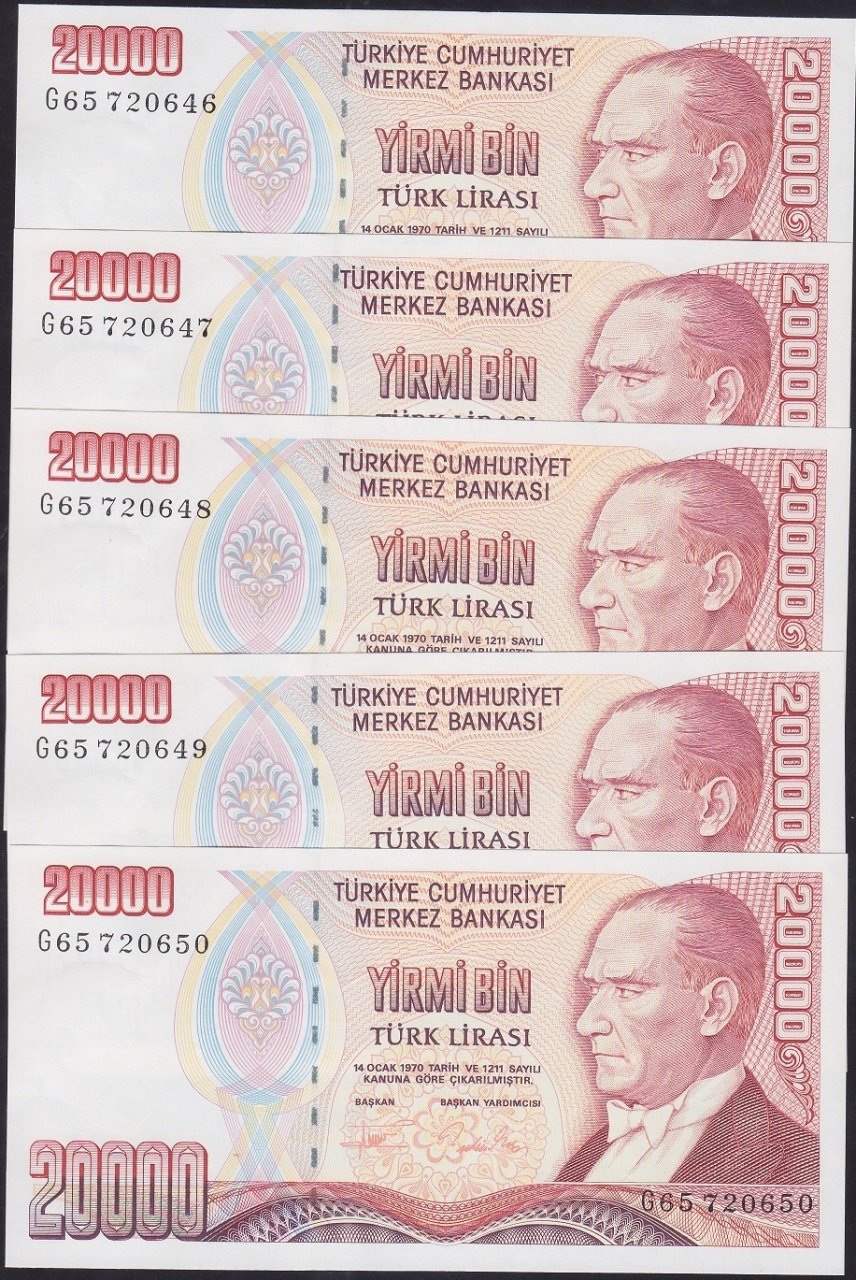 7.EMİSYON 2.TERTİP 20000 LİRA G65 720646- 650 SERİ TAKİPLİ 5 ADET ÇİLALTI ÇİL