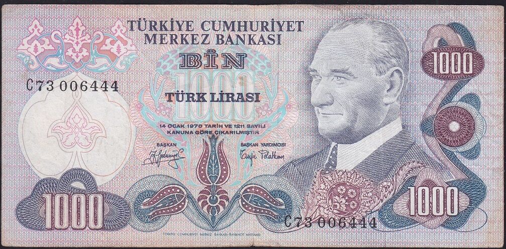 6.Emisyon 2.Tertip 1000 Lira C73 006444 Çok Temiz