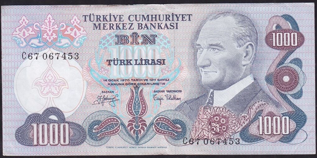 6.Emisyon 2.Tertip 1000 Lira C67 067453 Çok Temiz+