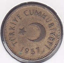 1957 YILI 5 KURUŞ ÇOK TEMİZ + eski kağıt para alan yerler