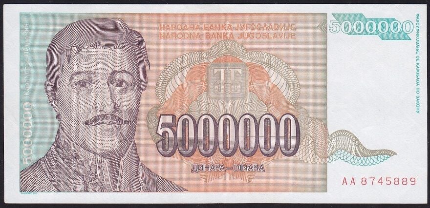 Yugoslavya 5000000 Dinar 1993 Çok Çok Temiz+ ( AA )