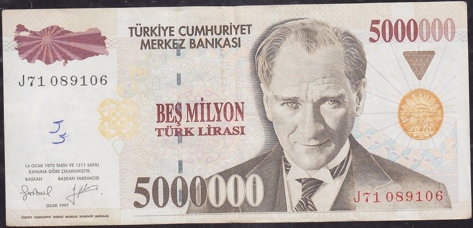 7.Emisyon 5 000 000 Lira J71 089106 Çok Temiz