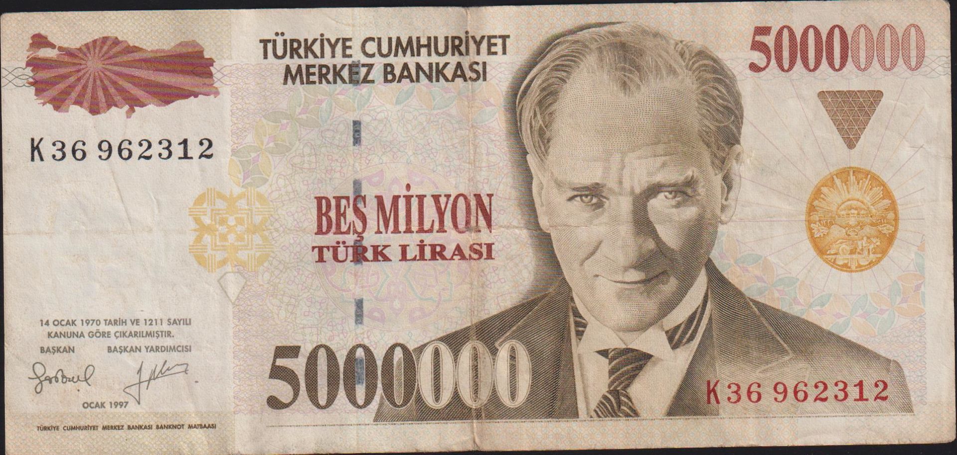 7.Emisyon 5 000 000 Lira K36 962312 Çok Temiz