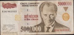 7.Emisyon 5 000 000 Lira K36 962312 Çok Temiz