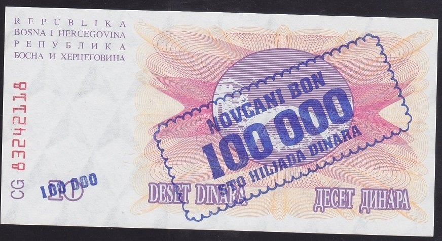 Bosna Hersek 100000 Dinar 1993 ÇİL (Sürsajlı) Pick 34a