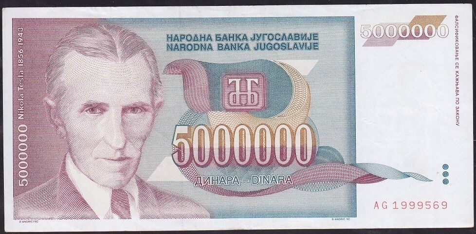 Yugoslavya 5000000 Dinar 1993 Çok Çok Temiz+