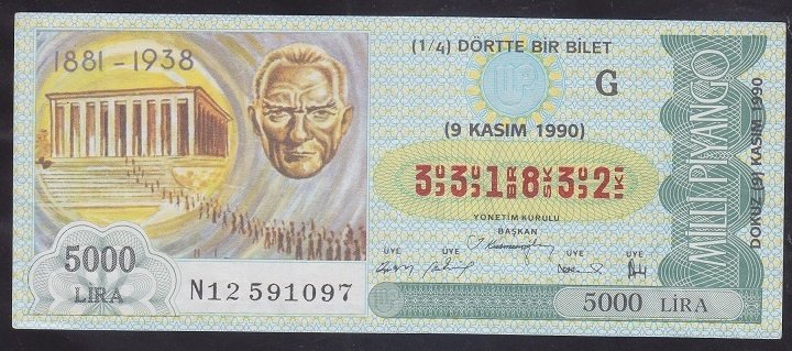 1990 9 KASIM ÇEYREK BİLET G SERİSİ