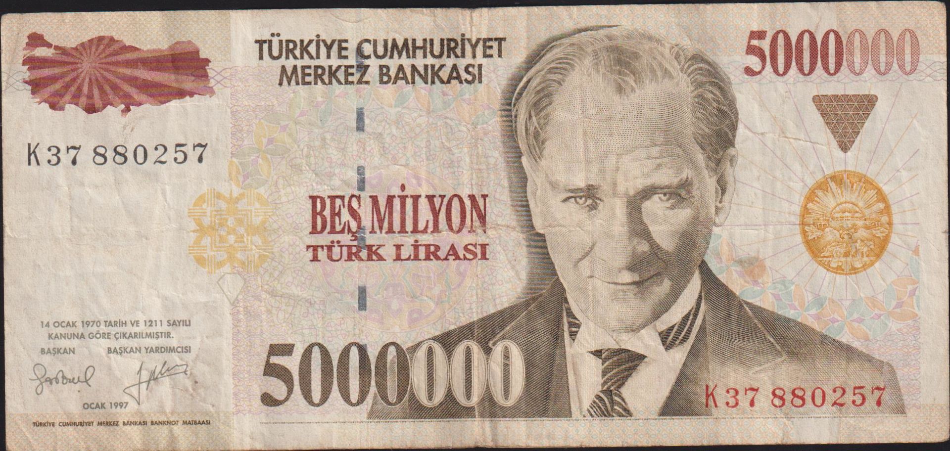 7.Emisyon 5 000 000 Lira K37 880257 Çok Temiz