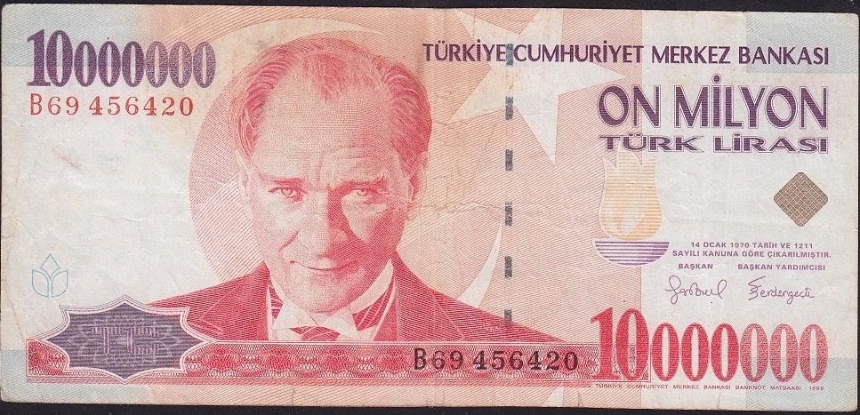 7.Emisyon 10 000 000 Lira B69 456420 Temiz